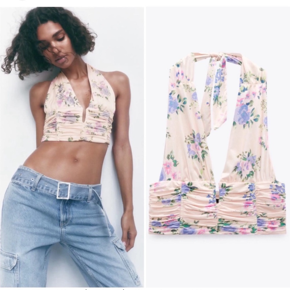 ZARA Y2K Pink and Lavender Floral Halter Top